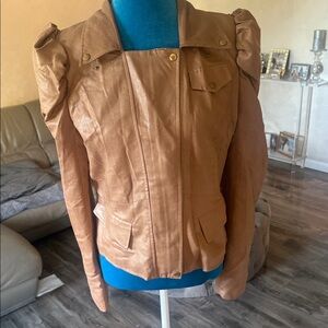 Gracia Women's Brown Leather Jacket with Puff Shoulders